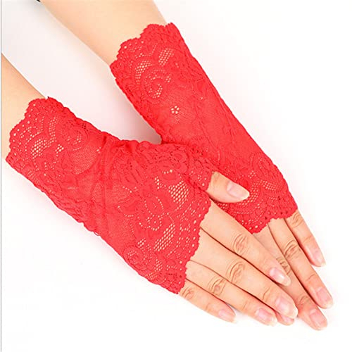 MoreChioce Damen Fingerlose Spitzen Handschuhe, 1 paar Elegant Blume Muster Kurz Fingerlos Spitze Handschuhe Half Finger Netzhandschuhe UV Schutz Fingerhandschuhe Brauthandschuh,Rot