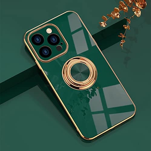 EYZUTAK Electroplated Magnetic Ring Holder Case for iPhone 14 Pro, 360 Degree with Rotation Metal Anti-fall Finger Ring Holder Magnet Car Holder Slim Soft Silicone Shockproof Cover - Dark Green