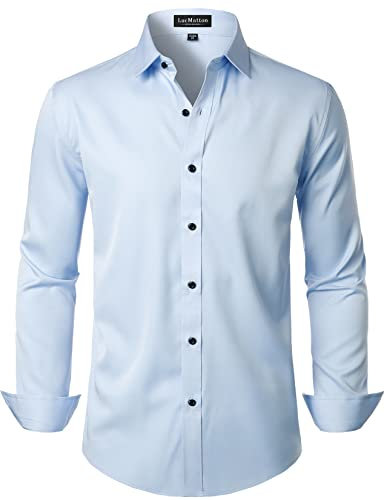 LucMatton Men's Stylish Stretch Wrinkle-Free Dress Shirt Formal Long Sleeve Slim Fit Button Down Shirts for Wedding Party Light Blue Medium