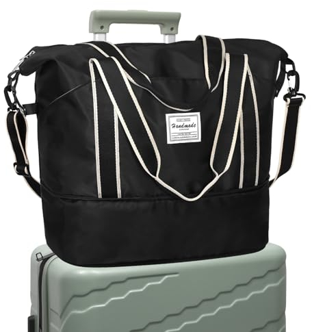DMLuna wasserdichter Reise-Seesack - Tragetasche, Sporttasche, Schultertasche - Wochenendtasche für Damen und Herren - Krankenhaus-Tasche - Erweiterbar mit Trolley-Ärmel und Nasstasche - Schwarz