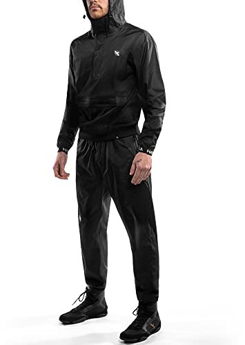 Hayabusa Tuta da sauna con cappuccio per uomo e donna, include giacca e pantaloni in nylon rivestito in PVC, nero, Medium