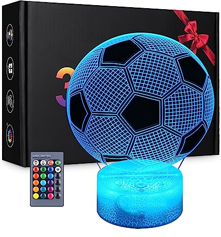 Zawaer Football Forme Lampe 3D, Cadeau Foot Garcon Enfants Fille,Conception de Fissures Veilleuse avec télécommande, câble USB inclus, cadeaux de décoration de chambre pour garçons et filles