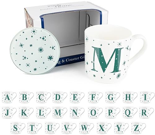 Purely Home Stars Letter M Mug & Coaster Gift Set - Teal Constellations Alphabet Initials Bone China Mug and Glass Coaster Set - Tea/Coffee Present