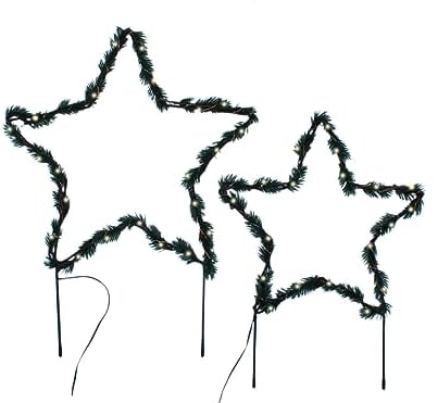 LED Gartenstecker Stern mit Timer 2er Set - 53/44 cm - Deko Weihnachtssterne mit Erdspieß - Garten Stecker mit Kunst Tanne Batterie betrieben Weihnachten Winter Gartendeko für Außen und Innen