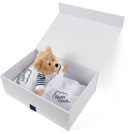 Sleepy Cloud Co “Snuggles” the Sleepy Bear, Cute Stuffed Soft Toy Teddy Bear in Gift Box Bed, Pefect for a Gift, Birthday, Christmas, Christening, Baby Shower, Toys for Kids