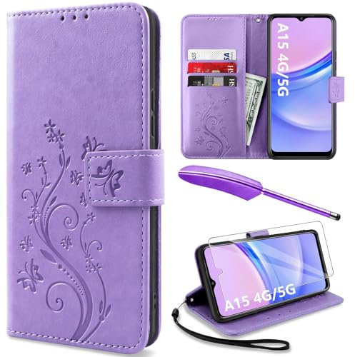 YIRSUR for Samsung Galaxy A15 Case with Screen Protector and Touch pen, Leather Flip Wallet Women Men Case Magnetic Closure Cover with Card Slots and Kickstand for Galaxy A15 5G/4G Phone Cover Purple