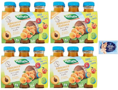 24x Valfrutta Succhi di Frutta Albicocca bevanda analcolica rinfrescante,Albicocca 100% italiana,bottiglia di vetro da 125ml + 1 Busta di Talco Felce Azzurra in omaggio da 100g