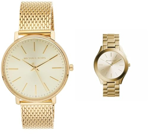 Michael Kors Damenuhr Pyper & Damenuhr Slim Runway, Dreizeigerwerk, 42mm Edelstahlgehäuse in Gold mit Edelstahlarmband, MK3179