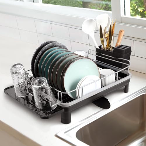 Dntorx Dish Drainer Rack, Dish Drying Rack Multifunctional Sink Drainer Rack Plate Rack with Utensil Holder Drainage Spout Drip Tray Cup Holder Draining Board Rack for Kitchen Counter