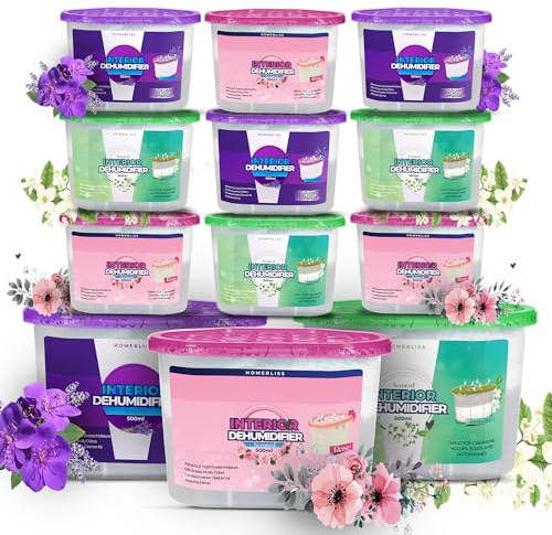 Dehumidifier 500ml 12 Pack Scented Rose, Lavender and Jasmin. 228g Condensation Remover Moisture Absorber Dehumidifiers for Damp, Mould, Moisture in Home, Caravan, Office, Garage