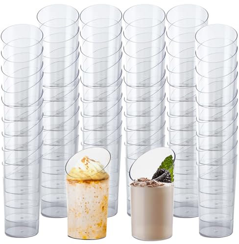SHUESS 150 Pcs Mini Angled Dessert Cups - 70ml Round Cylinder Clear Plastic Cups - Reusable Slanted Pots for Cheesecake, Puddings, Mousse (Small)