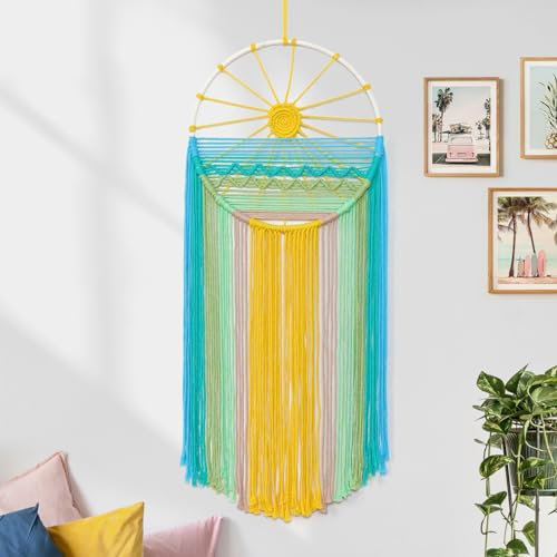 LOMOHOO Makramee Wandbehang, 30x70cm Makramee Traumfänger Boho Deko Makramee Wandteppich, Boho Wanddeko mit Sonnenmuster, Regenbogen Makramee Deko für Wohnzimmer Schlafzimmer Kinderzimmer Balkon