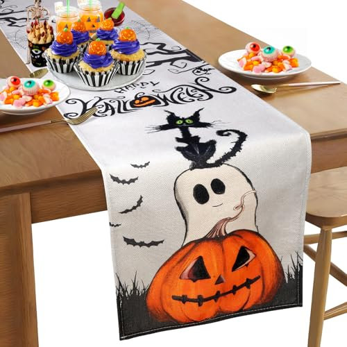 Geist Kürbisse Halloween Tischläufer, Mode Halloween Tischläufer, Saisonnal Innen und Außen Halloween Deko Tischwäsche, 33x183cm