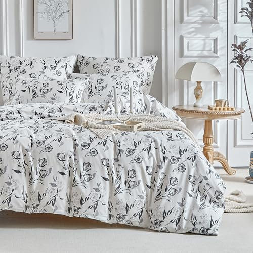 Lekesky 200 Thread Cotton King Size Duvet Cover Sets Floral Bedding Set, Printed Black Roses King Size Duvet Cover with Pillowcases Zip Closure, Cotton Duvet Cover 230x220 cm, White/Printed