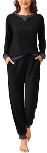Ekouaer Damen Schlafanzug Lang Pyjama Set Winter Nachtwäsche Zweiteiliger Sleepwear Soft Loungewear Hausanzug Schwarz XL