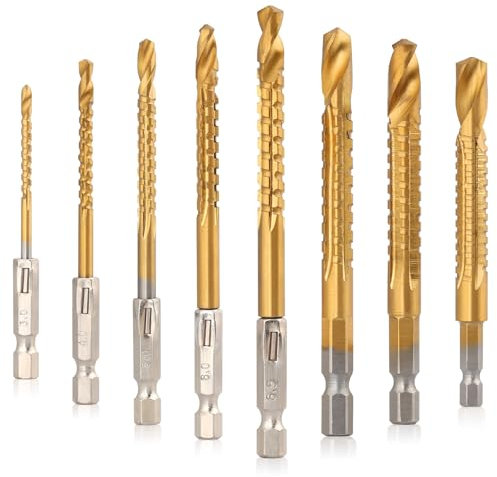 AOKLIT 3-10mm Titanium Coated HSS Twist Drill Bit, 8 Pack Hex Shank Serrated Cutting Drill Bit Woodworking Tools for Wood Metal Plastic Hole