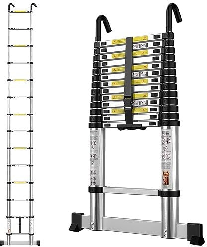 gymount Aluminium Teleskopleiter 4,1 m, Leiter Ausziehbar mit Stabilisator und Abnehmbaren Haken, Klappleiter, Mehrzweckleiter, Stehleiter, Haushaltsleiter, Außenleiter, 150 kg Belastbarkeit