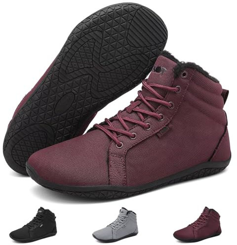 Wizshoe Barfußschuhe Herren Damen Winterschuhe Frühling Gefüttert Barfussstiefel Sneaker Breite Zehenbox Barfuß Schuhe Warm Outdoor Fitnessschuhe Minimalist Kurze Übergangsschuhe Weinrot A 39 EU