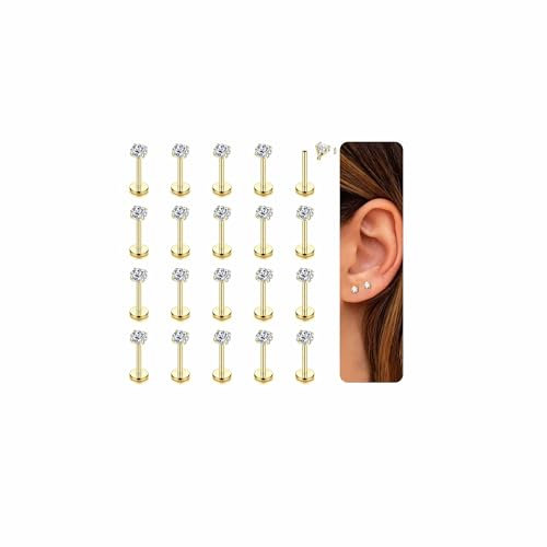 CASSIECA 16G 20Pcs Chirurgenstahl Piercing Set - Helix, Conch, Nasen, Tragus, Lippen, Labret Studs 6/8/10mm für Frauen Männer in Silber Gold