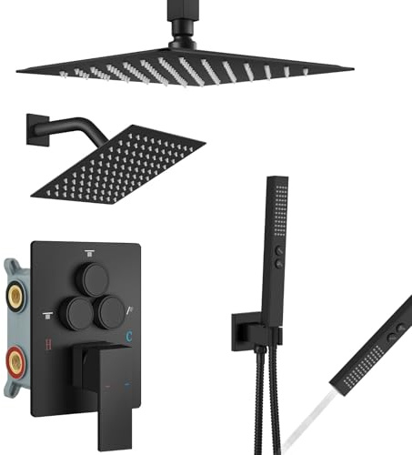 Aolemi Duscharmatur Set Deckenhalterung Druckknopf Umsteller Duschsystem 10 Zoll und 6 Zoll Dual Duschkopf 2 in 1 Handbrause Rough-in Ventil und Duschverkleidung Kit Mattschwarz