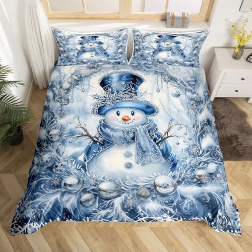 Loussiesd Schneemann Bettwäsche Set 135x200cm Frohe Weihnachten Bettwäsche-Weihnachtsthema Farbige Laterne Zweige Mädchenande Schnee Bettbezug Set Blau Bettwäsche-Set mit Reißverschluss
