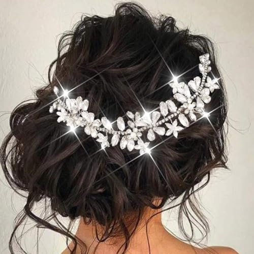 Evlry Accessoire de cheveux de mariée en cristal avec fleurs de vigne et strass argentés pour femmes et filles
