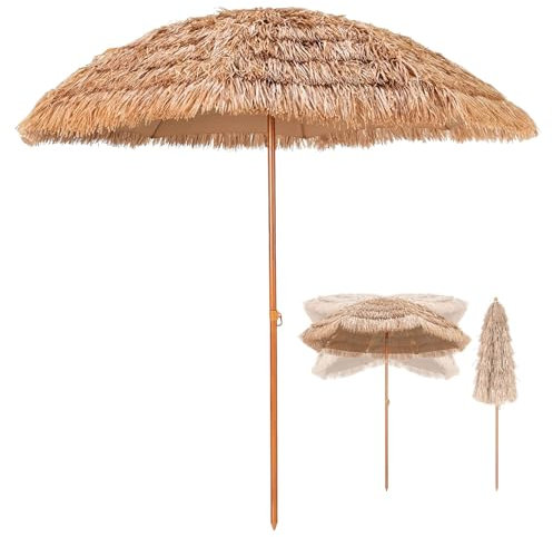 NOIRDA Sonnenschirm Hawaii Mit Neigungsfunktion, Strohschirm,Runder Marktschirm, Ø 160 cm, 200 cm, 240 cm, Windfest Gartenschirm Für Balkon, Garten, Terrasse, Strand,(240cm)