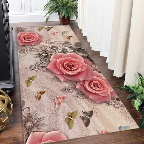 YingheshengTeppich Läufer Flur Küchenläufer Waschbar Teppichläufer Eingangsmatte 60x200cm Teppich rutschfest Läufer Rosa Hellbraun mit 3D-Blumenmuster Für Wohnzimmer Schlafzimmer Meterware Anpassbar