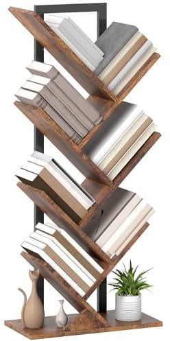 HOMCOM 7-Tier Tree Bookshelf, Industrial Free Standing Bookcase with Steel Frame, Display Storage Unit for CDs, DVDs, Albums, Living Room, Bedroom, Home Office, Study, Rustic Brown