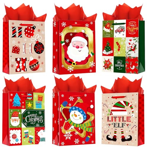 OfficeCastle 6 Pack Small Gift Bags, Xmas Paper Bags for Holiday Presents, Christmas Bags for Gifts, Gift Wrapping and Party Favor Goody Bags (7 x 4 x 9)