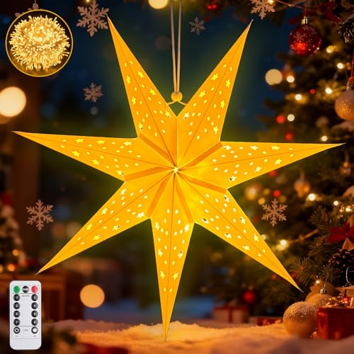 Papierstern Lampenschirm,45cm LED Papiersterne Zum Aufhängen mit Fernbedienung und Timer,Papierstern mit Beleuchtung 8 Leuchtmodi,Papierstern Beleuchtet zum Aufhängen,Weihnachtsstern Beleuchtet