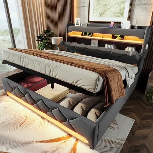 Merax Bett 180x200 mit Stauraum, Polsterbett 180x200 cm mit LED-Beleuchtung & Ladestation, Polsterbett Doppelbett mit USB und Typ C-Port, Stauraum Kopfteil, Grau, Leinen(Ohne Matratze)