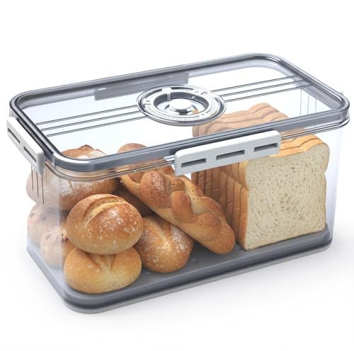Otopone Grey Bread Bin for Kitchen, Airtight Bread Storage with Adjustable Air Valve, Time Recording Lid for Biscuit Doughnut