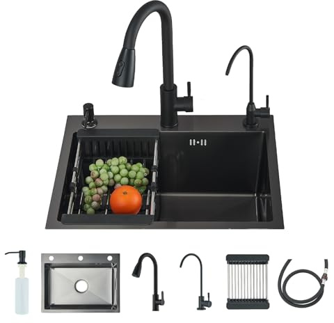 Waschbecken Küche Schwarz Multifunktionale Küchenspüle mit Ausziehbarer Auslauf Seifenspender Reinwasserauslauf und komplettem Installationsset 1 Becken 55 * 45 * 20 cm Edelstahl