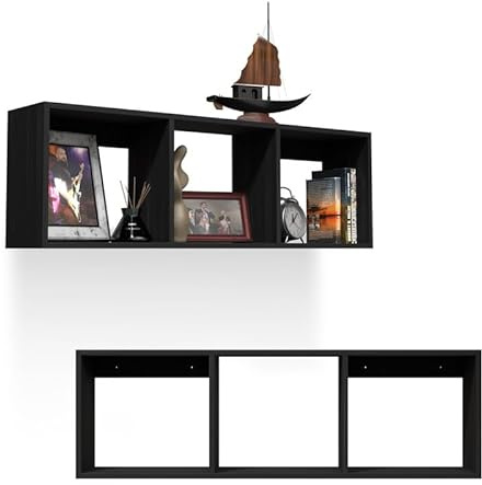 INTEGRI Bücherregal - Wandregal - Hängeregal - Schweberegal - Würfelregal 110x35x20 cm Regal schmal - Deko Wohnzimmer - Regal Schwarz Holz - Pflanzenregal - Flur Möbel - Wandschrank