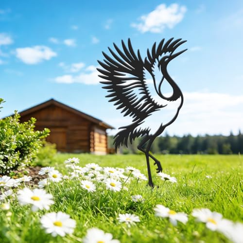 SUPERDANT Picchetto da Giardino Gru in Metallo Arte da Esterno Silhouette Zen per Prato Decorazione da Patio Resistente alle Intemperie Ornamento Nero 18x38 cm