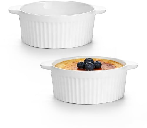 Aleker White Ceramic Ramekins with Handles Set of 4, 300ml Porcelain Souffle Dish Creme Brulee Ramekins, Small Bowl for Soufflé, Creme Brulee, Custards, Ice Cream, Jams, Cereal Oven Dishwasher Safe