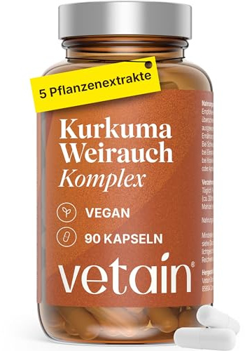VETAIN Weihrauch Kurkuma Ingwer Komplex - 90 Kapseln hochdosiert | 127mg Boswelliasäure, 105mg Curcumin, Gingerol, Zimt & Piperin - vegan, laborgeprüft & produziert in Deutschland