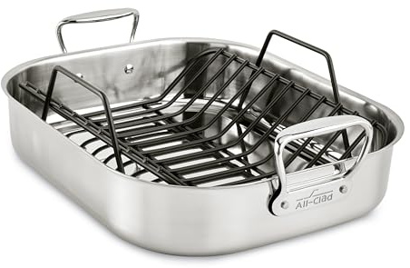 All-Clad E752C264 Stainless Steel Dishwasher Safe Large 13-Inch x 16-Inch Roaster with Nonstick Rack Cookware, 16-Inch, Silver