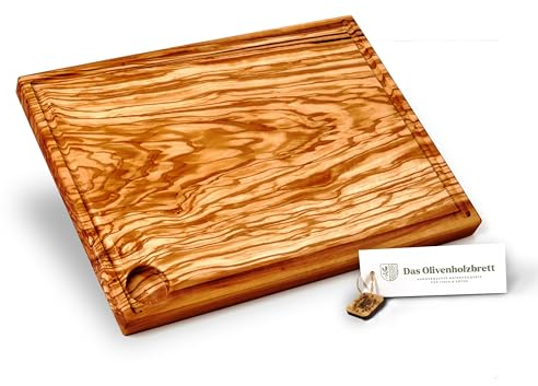 DAS OLIVENHOLZBRETT® Schneidebrett mit Saftrille aus Olivenholz/Tranchierbrett rechteckig/großes Barbecuebrett ca. 40cm x 30cm x 2cm