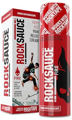 RockSauce Fire, 3 oz Roll-On - Easy to use Pain Relief Cream - Capsaicin & Menthol Formula Relieves Muscle & Joint Pain - Works w/ RockTape - No-Mess Applicator - Dye-Free, Won't Stain Clothes