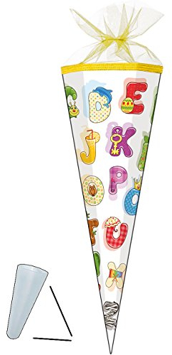 Schultüte - buntes ABC - Alphabet - 50 cm - rund - mit Tüllabschluß - Zuckertüte - Nestler - mit/ohne Kunststoff Spitze - für Jungen & Mädchen - lustige..