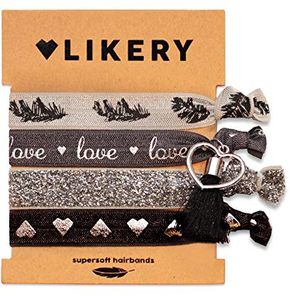 Supersofte Haargummis | Armbänder | Set für Damen Kinder Mädchen | Haargummi bedruckt | Armband schimmernder Stoff mit Glitzer und süßen Anhängern | Farbe: Violet Black