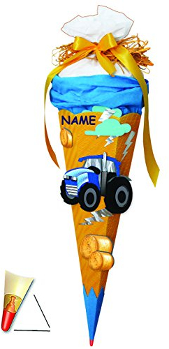 fertig gebastelte Schultüte - Traktor - 85 cm - incl. Name - mit Holzspitze - 6 eckig - Traktoren - für Jungen/Zuckertüte Roth ALLE Größen - Fahrzeug Landma..