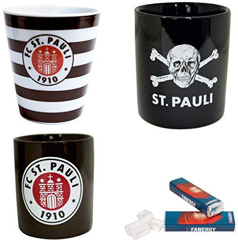 FC St. Pauli 3er Set Kaffeebecher Becher Totenkopf Becher Logo Streifen Jumbobecher Logo FCSP + Fanergy Traubenzucker