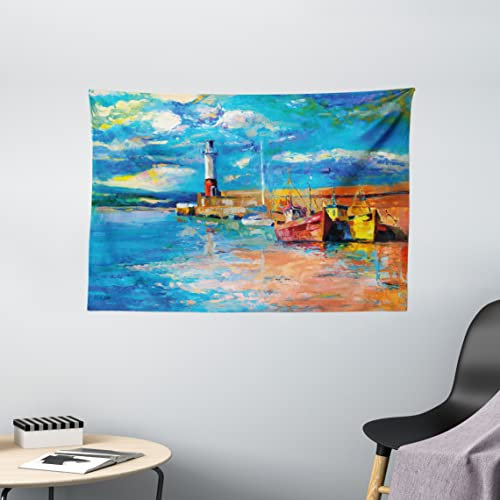 ABAKUHAUS Kunst Wandteppich, Ölgemälde Leuchtturm, Wohnzimmer Schlafzimmer Heim Seidiges Satin Wandteppich, 150 x 100 cm, Blau Beige