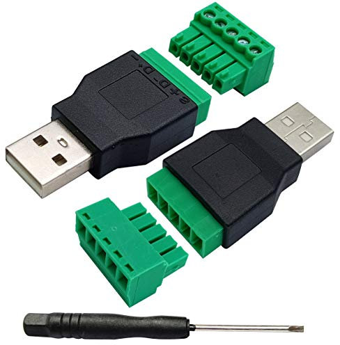 AAOTOKK USB 2.0 A Adaptador Bloque Terminales Tornillo USB 2.0 A Macho a 5 Pines Hembra Terminales Protección Tornillo Perno Conector Enchufable para Carga y Transferencia Datos(2 Unidades/Macho)