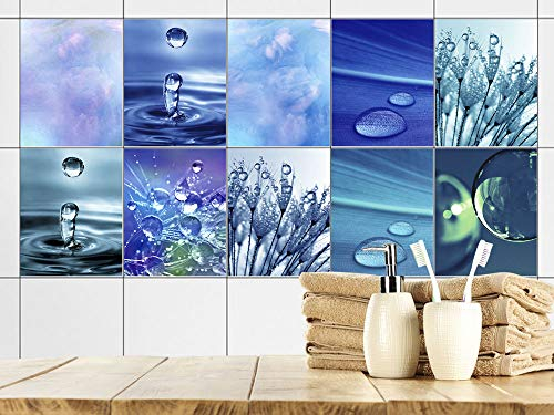 GRAZDesign Fliesenaufkleber Bad Blau Wasser Tropfen, Fliesensticker Fliesen zum Aufkleben Klebefolie für Badfliesen (Set 10 Stück, 20x25cm)