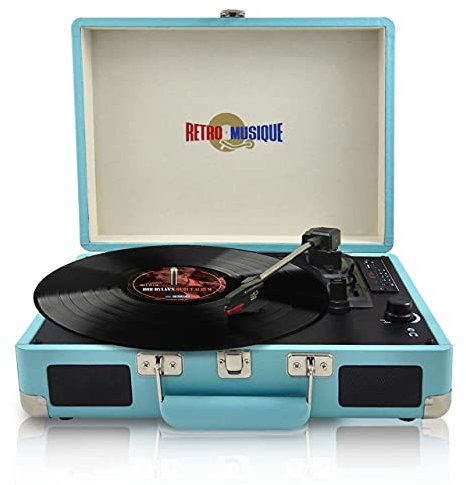 Retro Musique Bluetooth Suitcase Style Record Player With FM Radio LED Display Panel, Built-in Speakers & USB+TF Card Reader (Turquoise)