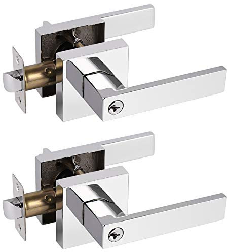 Probrico 2 Pack Polished Chrome Entry Door Lever Lock with Key Stainless Steel Bathroom Door Knob Handle External